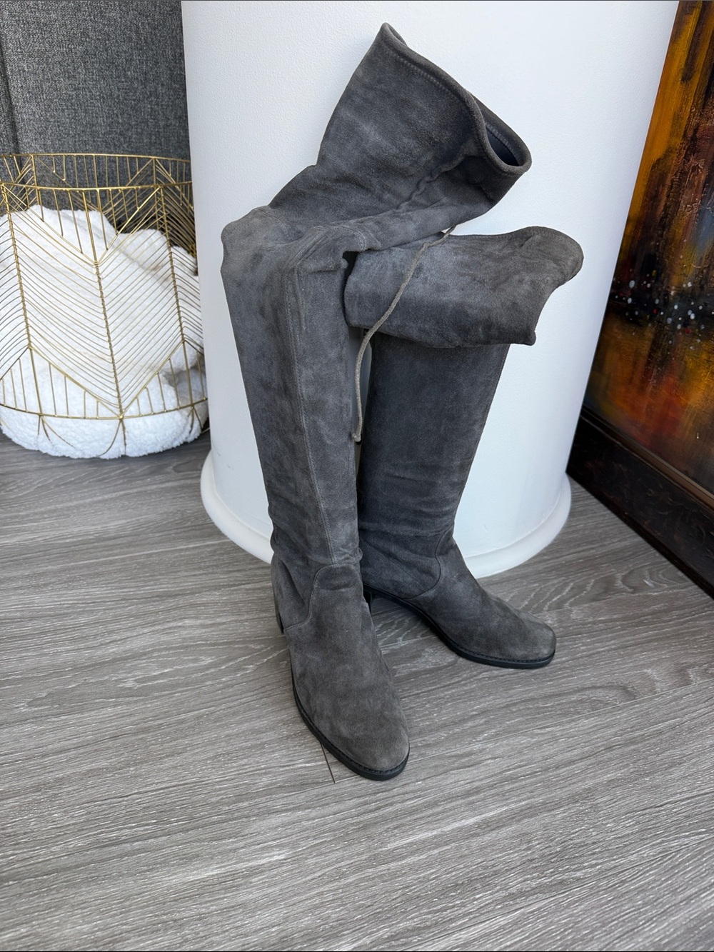 Stuart Weitzman charcoal grey over-the-knee suede boots.